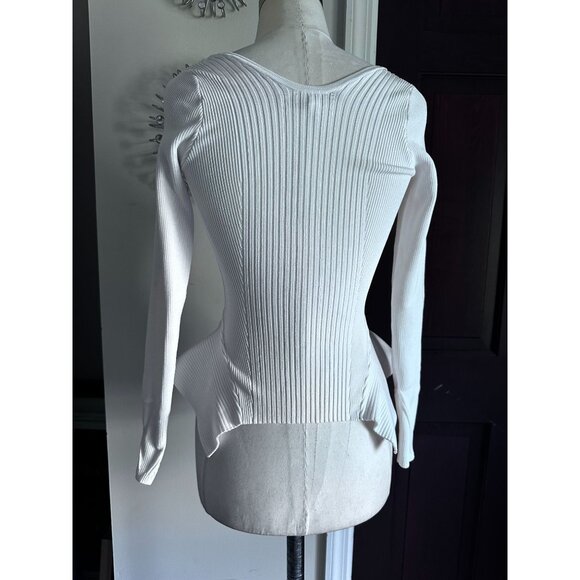 Guess white ribbed peplum style full zip up sweater top XXS - Picture 4 of 5
